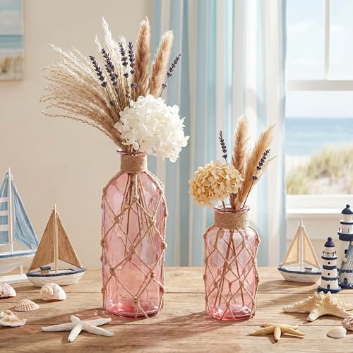 Image of Chuangdi Set of 2 Coastal Glass Flower Vase with Boho Rope, Pink