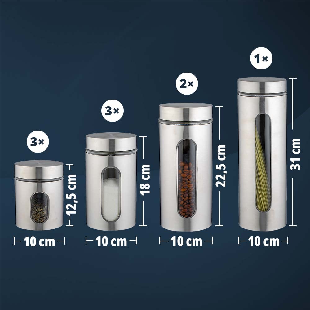 for friends Vorratsdosen mit Sichtfenster rund aus Edelstahl in Silber mit Glas-Ausschnitt 9er Set | Vorratsbehälter Küche mit Deckel | Aufbewahrungsbehälter für Lebensmittel | Durchmesser 10 cm