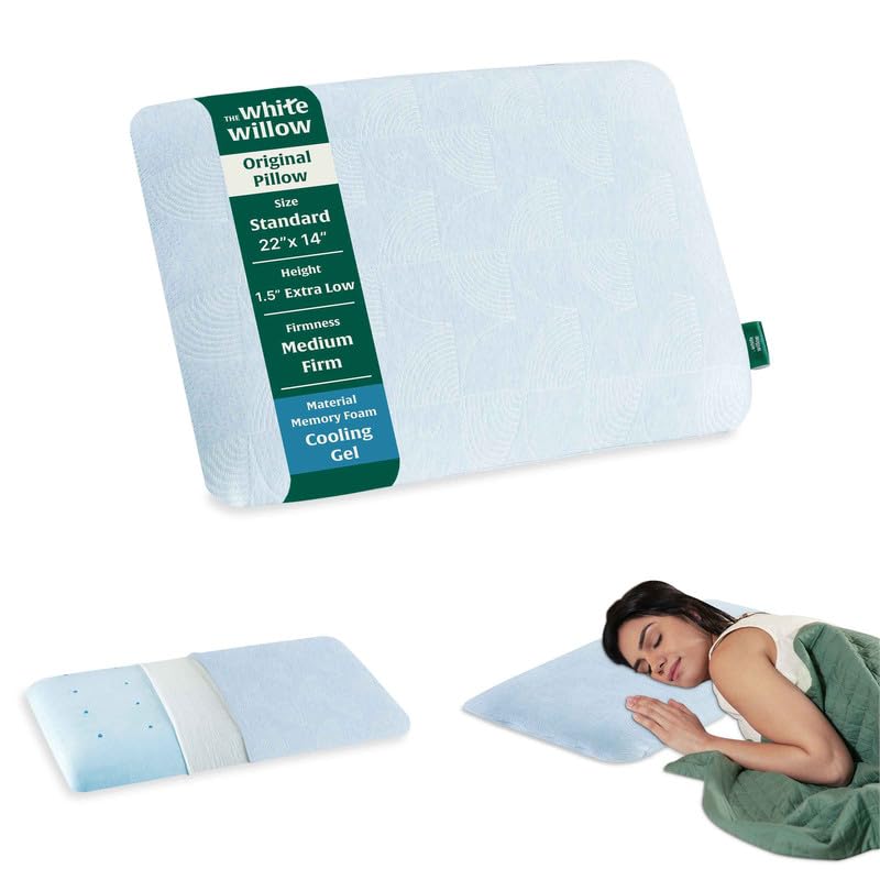The White Willow Ultra Thin Pillow For Sleeping-Ultra Slim Memory Foam Pillow Cool Gel-Slim Pillow For Neck & Shoulder Pain-Flat Pillow-Orthopedic Cervical Pillow For Neck Support-Standard-1.5"H-Blue