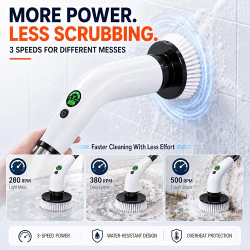 Image of PPLEE Electric Spin Scrubber, Cordless Shower Scrubber, 6000mAh, 3 Speeds