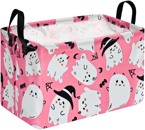 Image of Halloween Pink Ghost Storage Basket Gift Shelf Basket Storage Bin, Toys Nursery Basket Organizer Box for With Handles for Room Deco