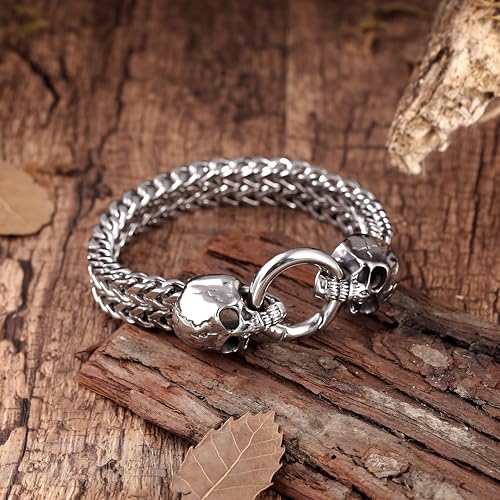 Men’s Stainless Steel Skull Bracelet – Heavy-Duty Ring Clasp, Foxtail/Franco Link Chain, Tarnish-Resistant – Gold or Silver, Biker Punk Rock Style Jewelry, Gift for Him3