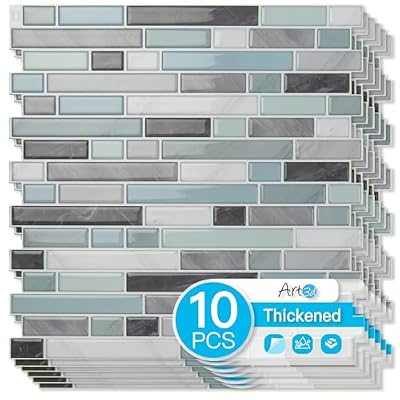 Art3d 10-Sheet Heavy-Duty Peel and Stick Backsplash, Waterproof Wall Tiles Stick on Kitchen Backsplash Living Space, Gray & Blue