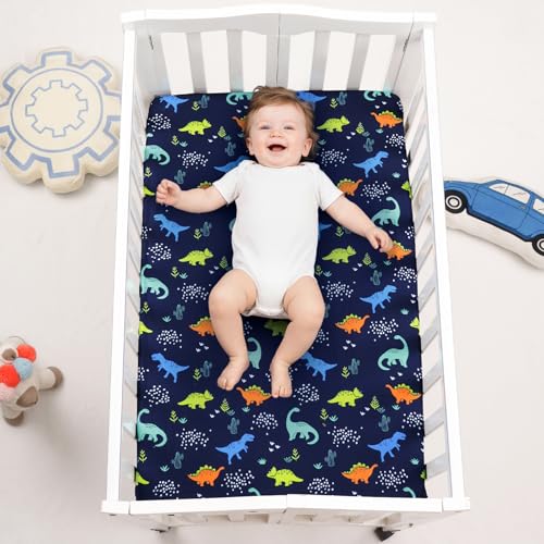 Image of PHF 3 Pack Soft Mini Crib Sheets, Dinosaur Pack N Play Sheets for Baby Boys Girls, No Slip Universal Fit for Pack N Play, Playard, Portable and Mini Crib Mattresses,Navy Dinosaur