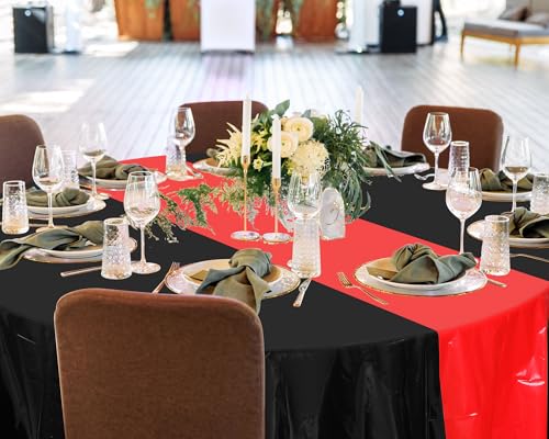 Image of Remagr 8 Pcs Round Plastic Tablecloth 84 Inch Disposable Tablecloth Party Table Cover for Graduation Wedding Birthday Retirement Decoration (Black,Red)