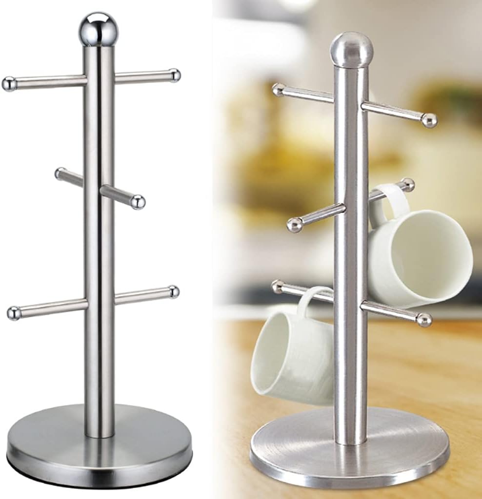 hejhncii Drying Storage Rack Holder Home Mug Hooks Multipurpose Display Stand Metal Tree Shape Coffee Cups with 6Hooks Rack Tree Stainless Steel Countertop Cabinet Shelf Coffee Cup