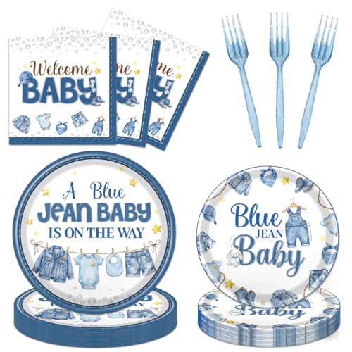 Blue Jean Baby Shower Decorations - 96 Pcs A Little Denim Baby Is On The Way Paper Plates Napkins Blue Jean Clothes Disposable Tableware Set for Welcome Baby Pregnancy Party Supplies Serves 24