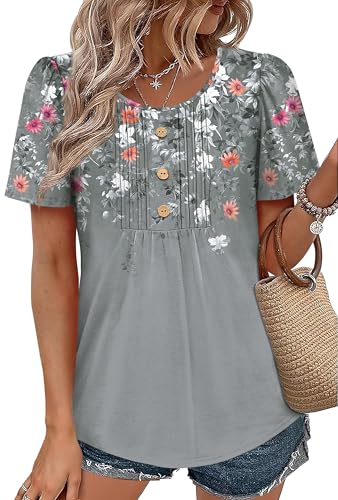 Image of Womens Tops Dressy Casual Blouses Short Sleeve Shirts Plus Size Fashion Clothing Spring Summer Outfits Button Pleated Front