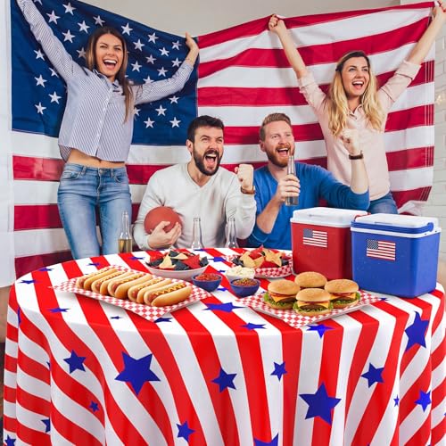 Image of Oudain 4th of July Decoration Tablecloths 84 Inch Plastic 250th Anniversary Patriotic Tablecloth American Flag Red White Blue Disposable Tablecover for Memorial Day Party Supplies(6 Pcs,Retro)