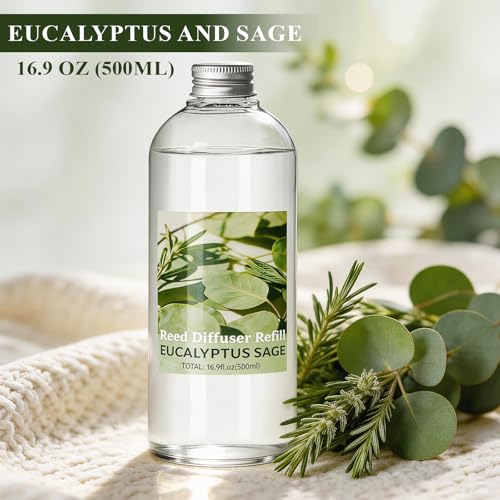 Image of STRN Reed Diffuser Refill, Eucalyptus and Sage Scent Diffuser 500ml | 16.9 oz with 6 Reed Sticks, Room Fresheners for Home, Long-Lasting Summer Fragrance for Living Room, Bedroom, Office