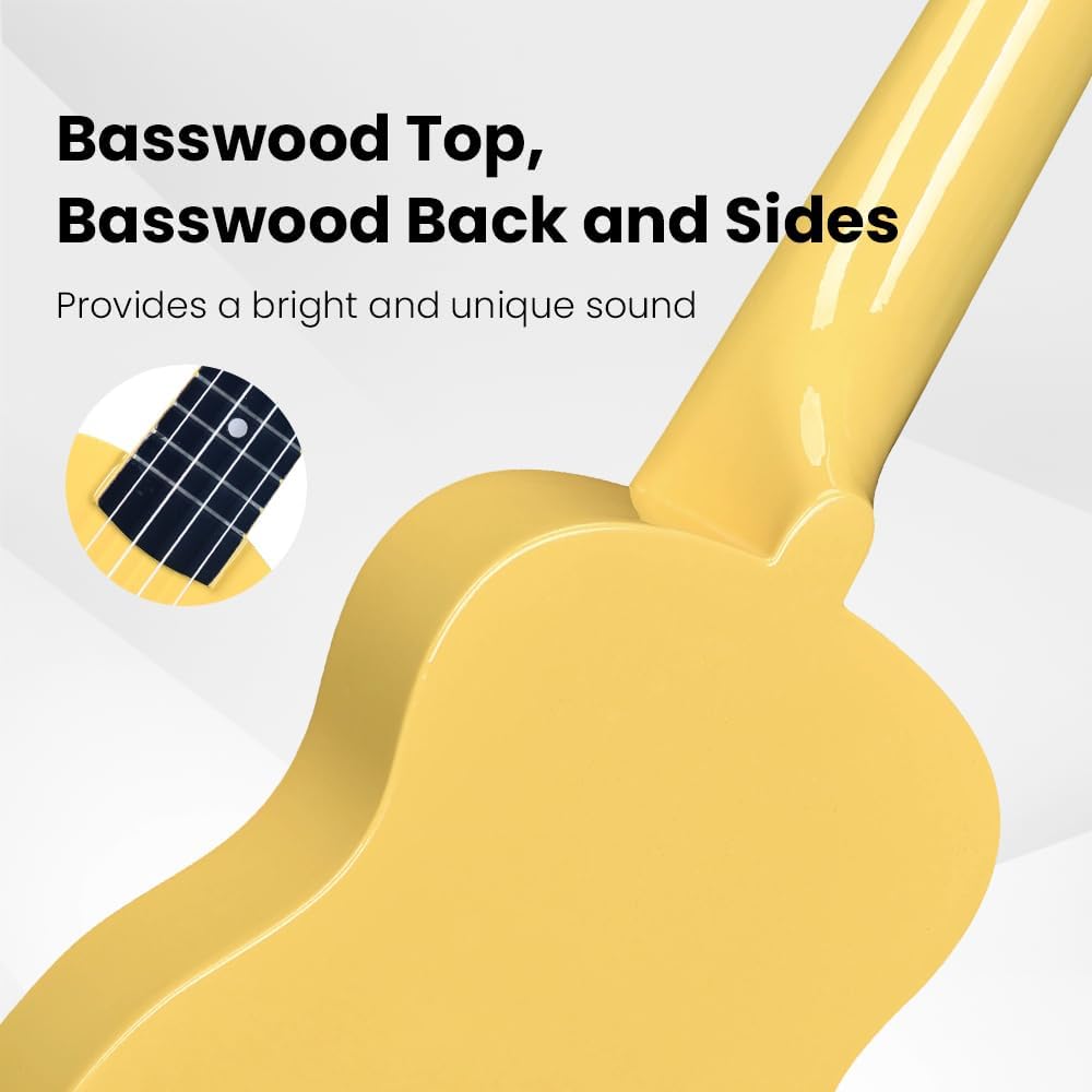 Winzz Soprano Ukulele Starter Kit For Beginners with Bag, Clip-On Tuner, Extra Strings, Strap, Plectrum, Fret Stickers, Chords Card, Polishing Cloth, Baby Yellow