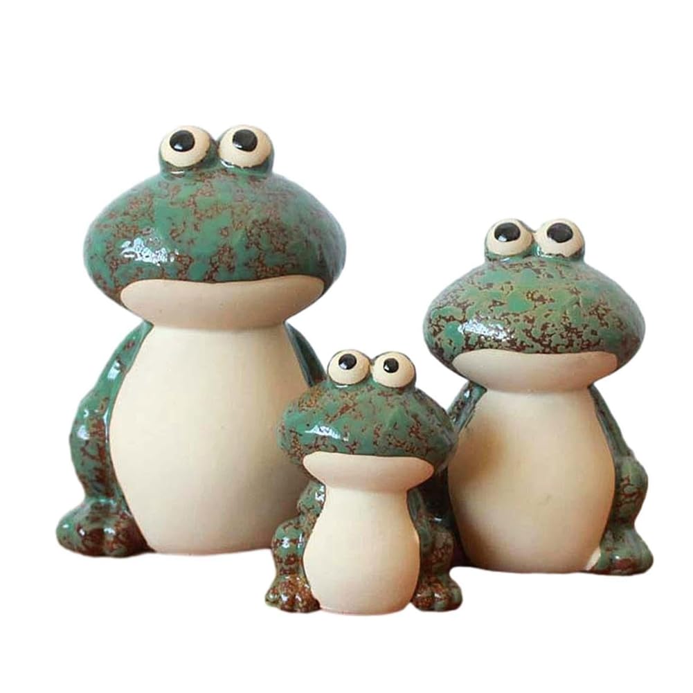 Yurhuit Green 3 Pieces Frog Family Figurines Frog Statue Miniature Ceramic Frog Figurine Animal Frog Ornament For Bookshelf