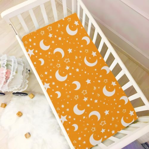 Image of Crib Sheet Breathable Soft Crib Mattress Sheet for Baby Toddler Boys Girls Fitted Pack n Play Crib Sheet Fit Standard Crib Mattress 52 x 28 Inch Orange Crescent Sun Stars
