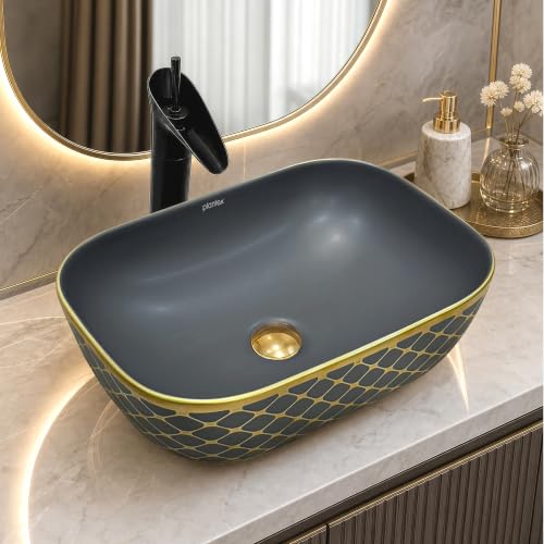 Image of Plantex Designer Ceramic Basin /Table Top Wash Basin for Bathroom /Countertop Vessel Sink - Indo-European Collection (EQTT-468, Gold & Grey)