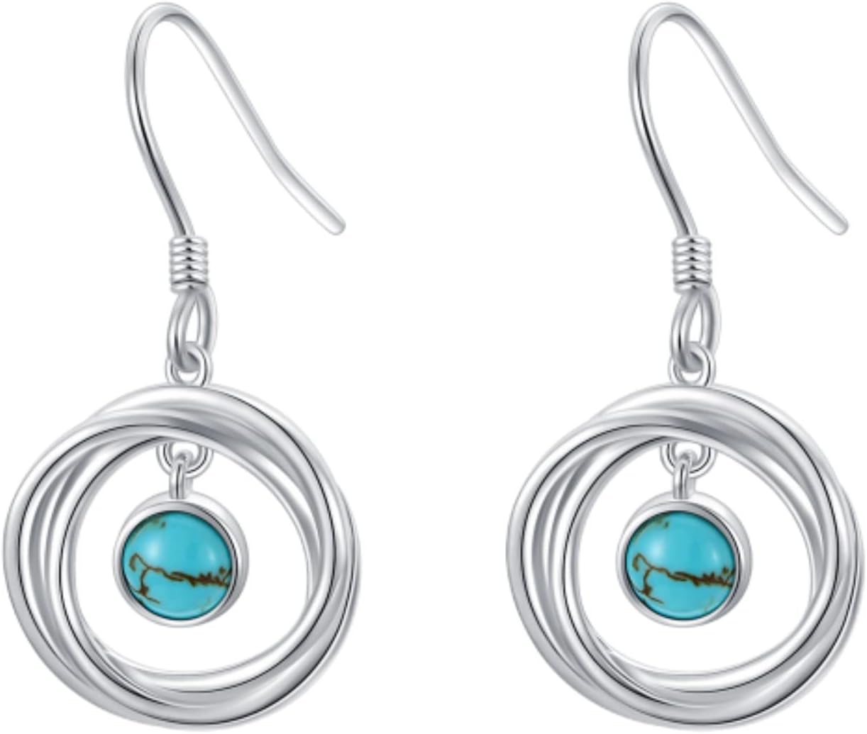 Turquoise Dangle Earrings for Women, 925 Sterling Silver Round Hoop Hypoallergenic Earrings Jewelry Gift for Women