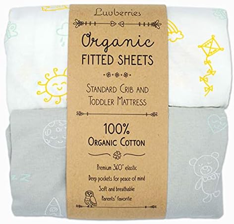 Luvberries - Crib Sheets 100% Organic Cotton - Set of 2 Fitted Crib Sheet for Standard Crib and Toddler Mattresses - Neutral Colors (Day and Night)