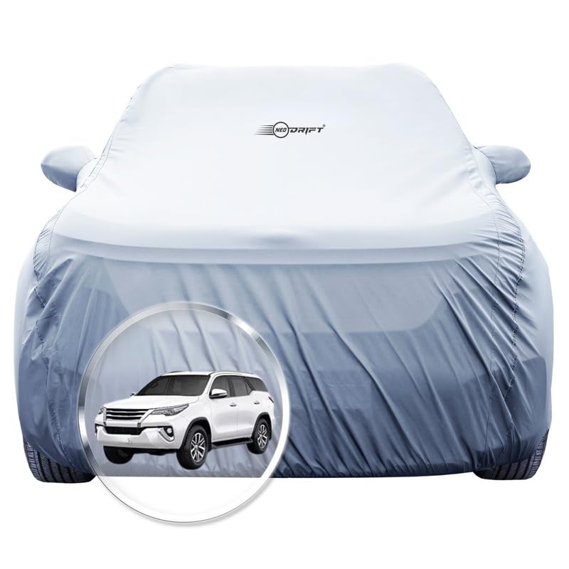 Image of NEODRIFT 'SilverTech' Car Cover for Toyota Fortuner (100% Water-Resistant, All Weather Protection, Tailored Fit, Precision-Fit & Breathable Fabric) (Colour: Silver)