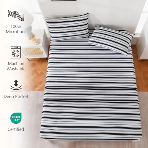 Image of MCO 4Pieces Striped Sheets Set, Breathable King Sheet Set with 16 inch Deep Pocket,Modern & Luxury, Brushed Microfiber Bedding Set(King, Black)