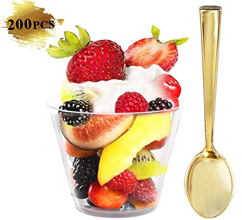 NERVURE 6OZ Dessert Cups with Gold Small Spoons -Included 200 Pieces Small Clear