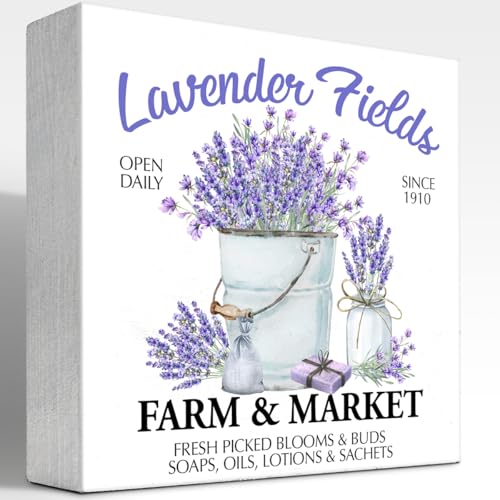Spring Wooden Box Sign,Lavender Fields Spring Wood Block Signs for Home Garden Farmhouse Wall Shelf Desk Decor