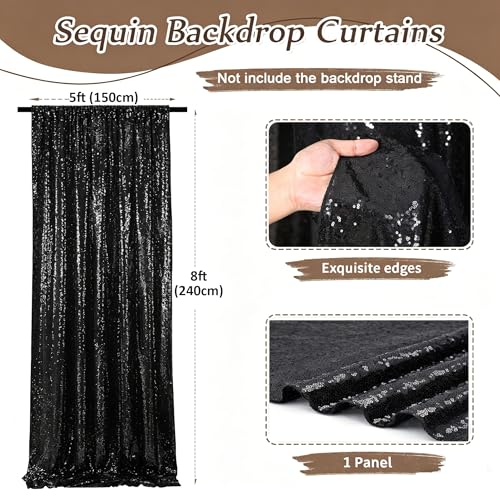 Image of Black Sequin Backdrop Curtains-1 Panel 5FTx8FT Black Backdrop for Wedding, Glitter Party Decorations Background Drapes for Birthday Party Anniversary Graduation Photo Booth Decor