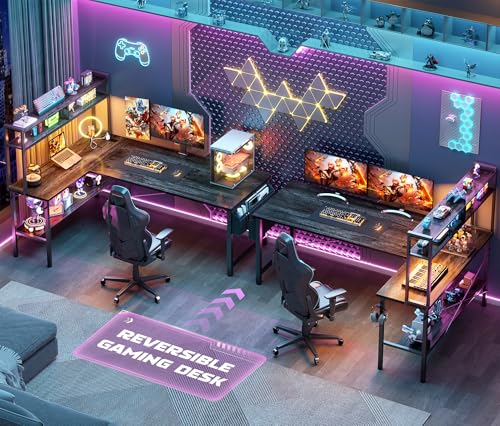 Image of Aheaplus L Shaped Desk Gaming Desk, 59 inch L Shaped Computer Desk with LED Light & Power Outlet, Reversible Home Office Desk Gamer Desks with Shelves & Storage Bag & Hooks, Corner PC Desk, Black Oak