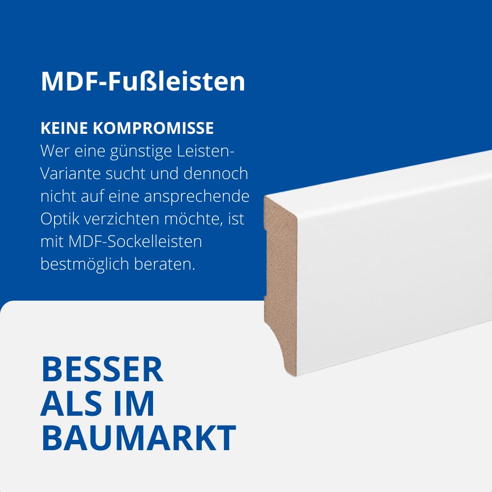 REESE - Sockelleiste - Leipziger Profil - MDF WEISS - Folie Oben Abgeschrägt - (60mm Höhe, 15 Stück / 34,5lfm) - nicht selbstklebend - 230 cm