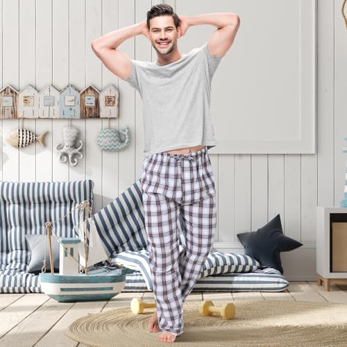 Image of 3 Pack Mens Cotton Pajamas Pants Lounge Pjs Bottoms Sleepwear Bottoms Soft Pants with Pockets Drawstring(Brown, Blue, Black,M,Plaid)