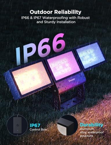 Image of Govee Triad Outdoor Flood Lights, 48W 4500LM RGBIC 3 Head Security Lights, 2700-6500K, IP66 Waterproof, Smart WiFi Outdoor Lights with App Control for Garage, Yard, Porch, Compatible with Alexa