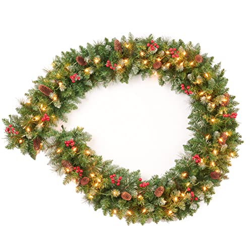 Amaoasis 9 Feet Pre-Lit Christmas Garland, Mixed Pine Decorated with Frosted Berries, Pinecones, 70 Lights Plug in, for Mantle Staircase Indoor and Outdoor