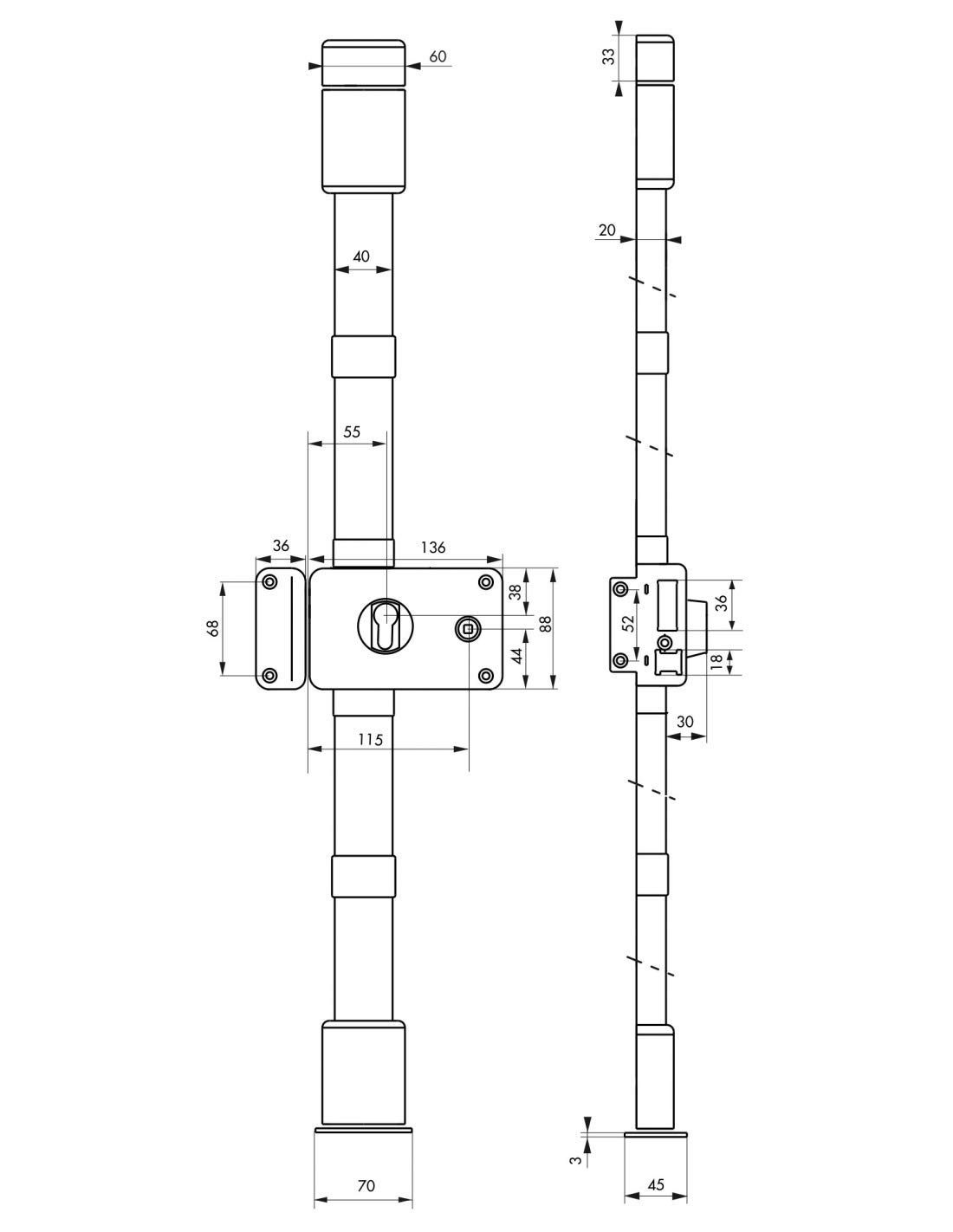 THIRARD - Boitier de Serrure en Applique Horga à Fouillot pour Porte d'Entrée - Gauche - 3 Points - Axe 55 mm - Marron - Acier - Mécanisme Intérieur - Sécurité Renforcée - Installation Facile