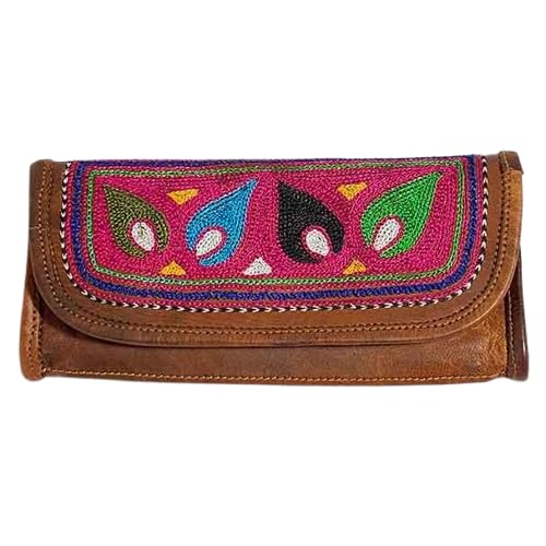 Handmade Embroidered Leather Wallet for Women – Slim Long Clutch Purse with Card Slots – Boho Brown Wallet 22x11 cm – Hand-Stitched Artisan Leather Clutch for Everyday Use & Gift Giving