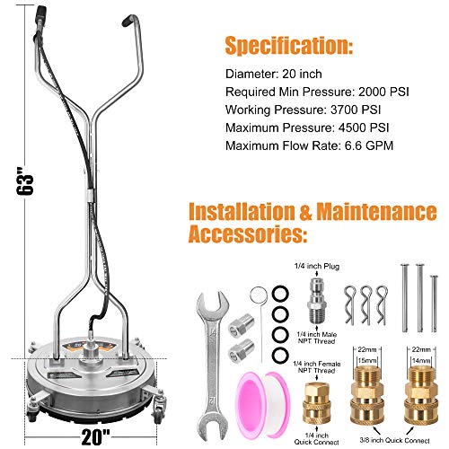 BEETRO Pressure Washer Surface Cleaner 20 Inch, Power Washer Cleaning Attachments Surface Cleaner for Driveway,Sidewalk,Deck, Patio Cleaning, 4500 PSI,Stainless Steel