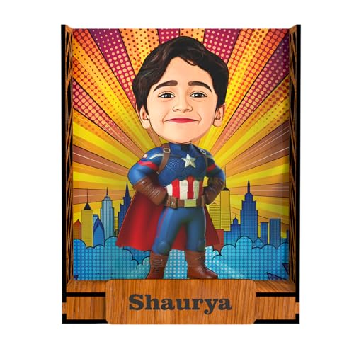 Image of Personalized Gift for Kids, Friends Character Caricature Photo Frame Unique Design Customized Gift for Children, Return Gift Idea (Captain America, Box)