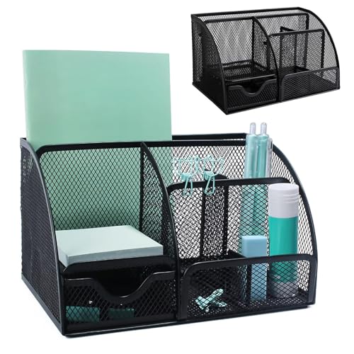 YFFSFDC デスクオーガナイザー 引き出し付き スチール製 7仕切り デスク 卓上収納ボックス ペン立て 大容量 金属メッシュ 文房具収納 机周り収納 黒