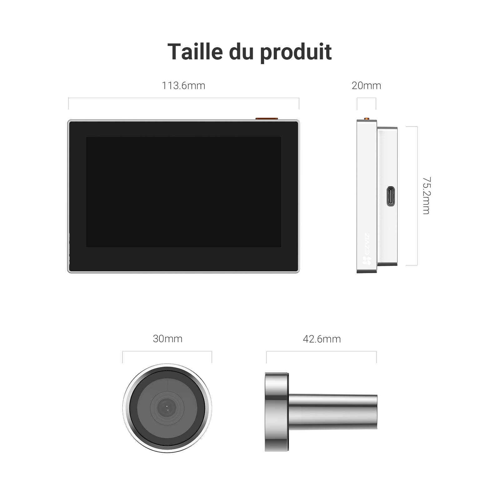 EZVIZ CP2 Visiophone sans Fil 2MP Ecran Couleur 4,3 Pouces Batterie 2200 mAh Angle 146° Wi-Fi 2.4GHz Argent