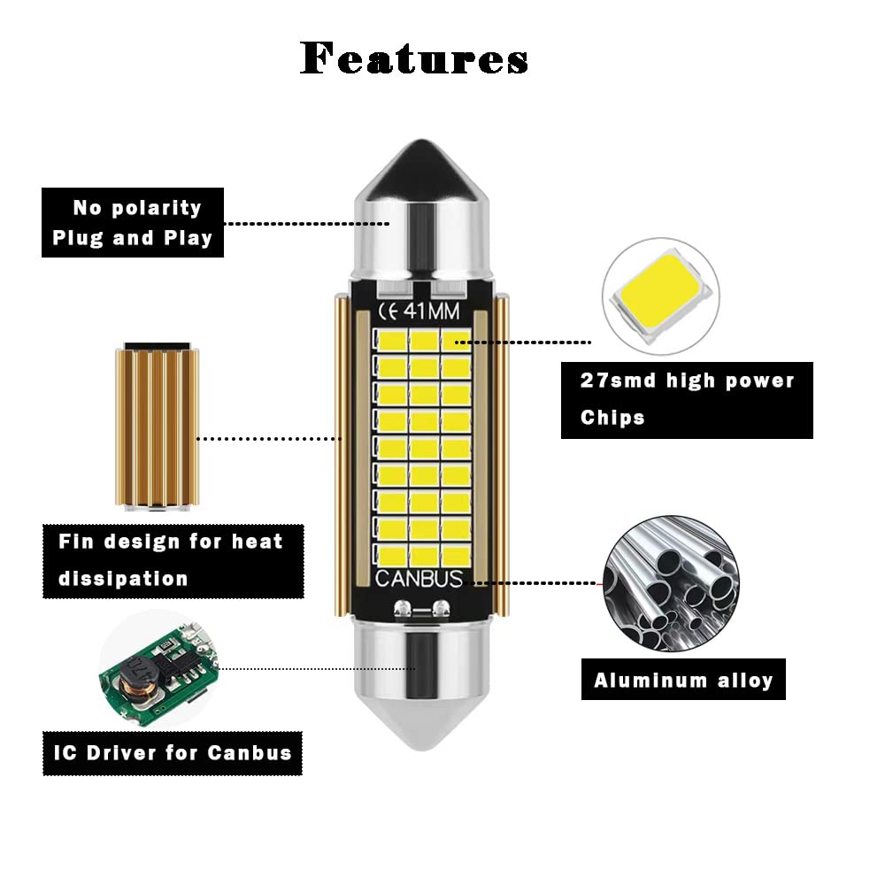 4 pezzi Lampadine C5W LED Festone 41mm 42mm Canbus 12V 6000K Bianco Super Luminoso per Luci Interne Auto e Luci Targa Senza Errori Canbus Senza Polarità