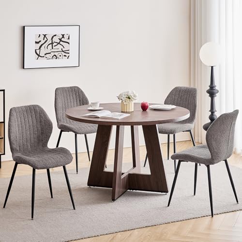 Image of 47 inch Round Dining Table Set for 4, Kitchen Table and Chairs | Wooden Cross Base, Boucle Fabric Chair, for Apartment