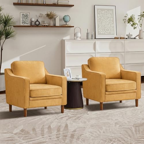 Image of Kingfun Accent Chair Set of 2, Living Room Chairs, Mid Century Reading Armchair, Chenille with Solid Wood Foot, Upholstered Modern Decor for Bedroom, Apartment