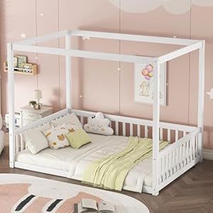 Full Size Canopy Bed Frame with Guardrails for Kids,Floor Bed Full with Four Poster Design,Kids Montessori Floor Bed,Wood Canopy Bed Frame for Girls,Boys(Full,White) Full Size Canopy Bed Frame with Guardrails for KidsFloor Bed Full with Four Poster DesignKids Montessori Floor BedWood Canopy Bed Frame for GirlsBoysFullWhite