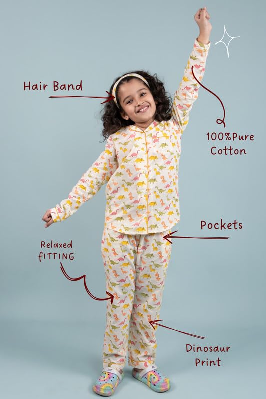 Image of Tweeny Mini Kids Girls Pure Rayon Night Suit | Sleepwear| Night Wear | Nightdress | Top Shirt & Pyjama Combo Set Floral Printed with Pockets Full Sleeves
