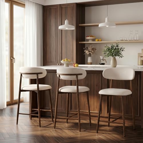 Butacos de altura para mostrador UVV, juego de 2 unidades, butacos tapizados modernos con patas de metal para isla de cocina y comedor (asiento beige / patas de metal con grano de nogal) miniatura 7