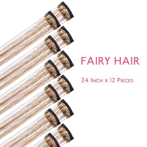 Image of WENNALIFE Hair Tinsel kit for Girls, Clip in Hair Tinsel Gold, 12PCS 24 Inch Accessories for Women Clip in Colorful Glitter Fairy Girls Accessories for Kids