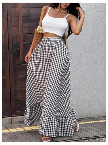 GORGLITTER Women's Gingham Ruffle Maxi Skirt High Waisted Plaid Y2K Boho Renaissance Flowy Long Skirts4