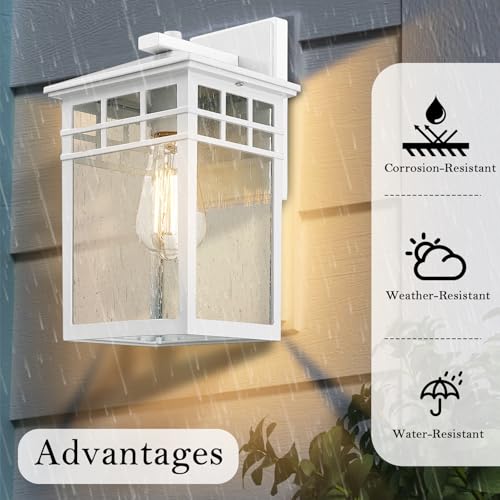 Image of Outdoor Light Fixture Wall Mount, Rustic Exterior Lights Fixture Wall Sconces with Seeded Glass for Front Porch, Waterproof Outdoor Lantern in White Finish for Home, Garage, Barn, Storefront