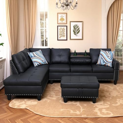 Trygoal Leather Sectional Sofa with Movable Chaise & Storage Ottoman, 3-Piece Modular Convertible L-Shaped Couches for Living Room, Apartment & Office, Black