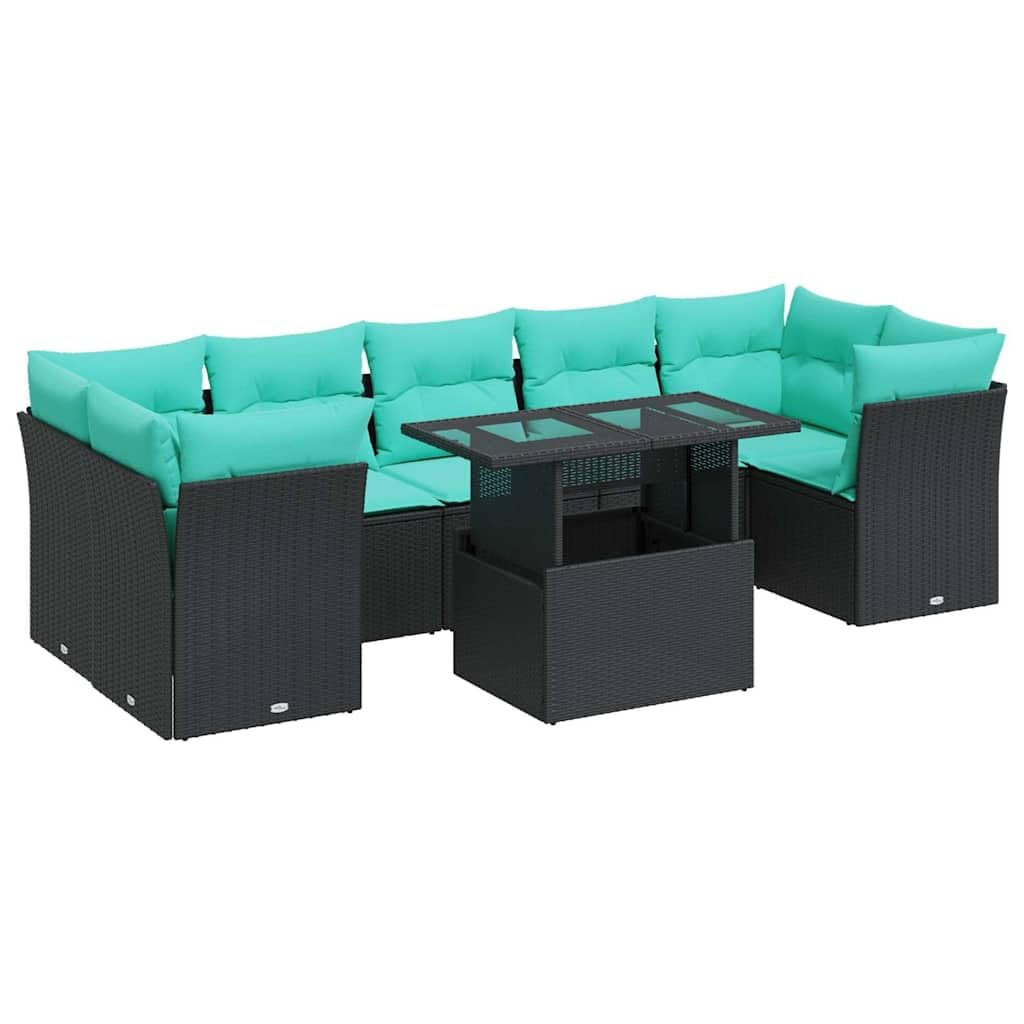 Juego de muebles de jardín de ratán de 8 piezas, muebles de jardín con espacio de almacenamiento, incluye cojines de asiento y respaldo, conjunto modular para terraza y jardín, color negro y