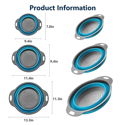 ONFAMICO Collapsible Colander Set of 3 - Heat Resistant Washing and Draining of Vegetables Fruits Pasta - Perfect for Kitchen and Travel Use (3PCS-Blue)