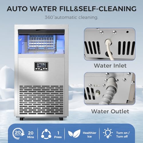 Image of Electactic Commercial Ice Maker Machine,100lbs /24H Stainless Steel Ice Machine,29lbs Storage, Auto Self-Cleaning Freestanding Ice Maker, Ice Machine Freestanding for Bar /Cafe /Restaurant-Brushed Silver