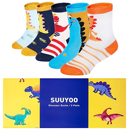 5 Pack Boys Dinosaur Socks, Cartoon Dino Pattern Cotton Crew Socks For Baby Toddler Little Kids, 3-8 Year Old Gift Set For Christmas #TOP1